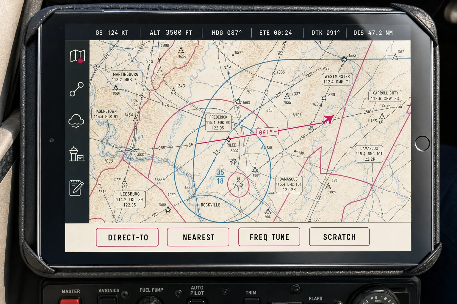 OpenEFB moving-map screen, paper-day mode, showing sectional chart with magenta airspace, cyan controlled airspace, ownship aircraft symbol, instrument strip at top, tool rail at left, action dock at bottom