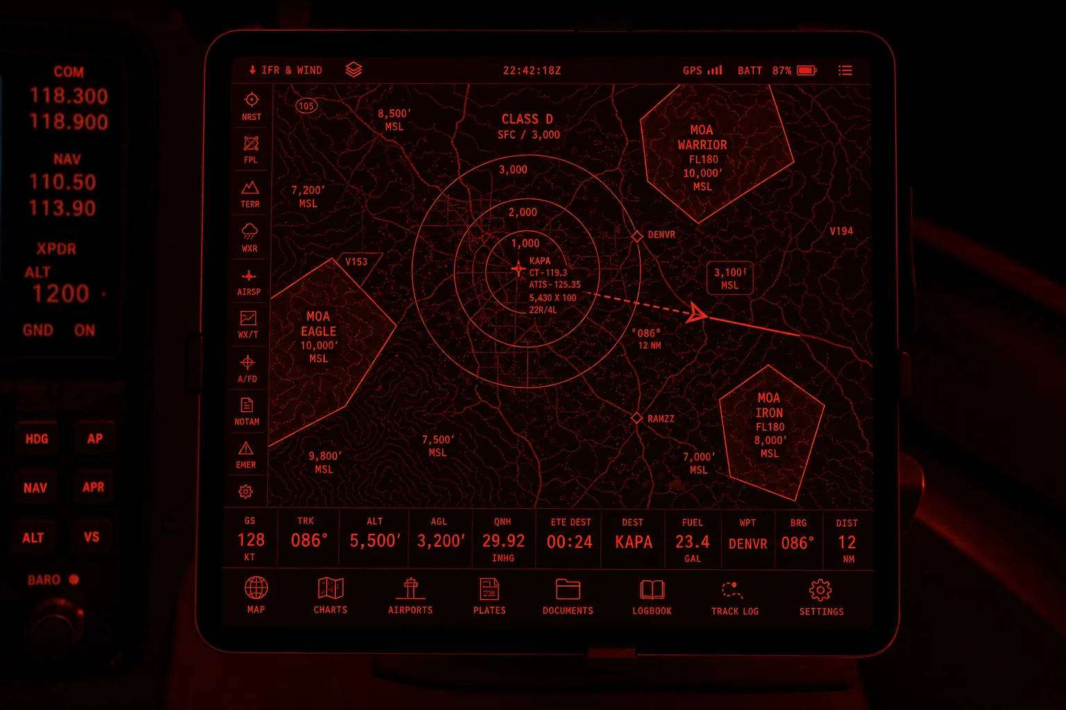 OpenEFB in red-night mode